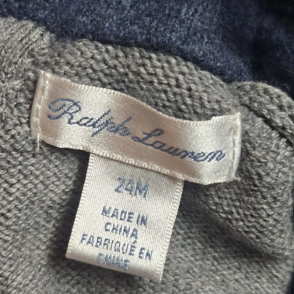Ralph Lauren Boys 24M Wool Knit Bulldog Sweater Hoodie Full Zip Back Gray Blue
